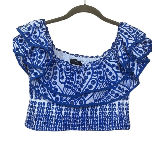 AKIRA Tops - Akira Blue Summer Off Shoulder Smocked Crop Top 1X, boho, resort, cottagecore